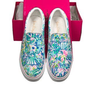 NIB Lilly Pulitzer Julie Slip On Sneaker Blue Ibiza Cabana Cocktail Size 7.5